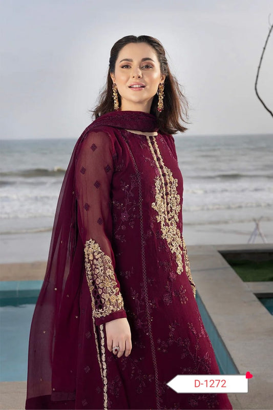 Pakistani Wedding Suit – Chiffon 3PC Unstitched Embroidered Dress