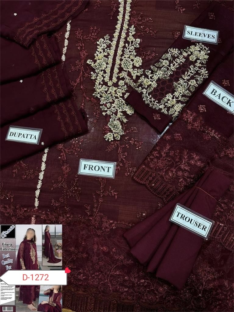 Pakistani Wedding Suit – Chiffon 3PC Unstitched Embroidered Dress