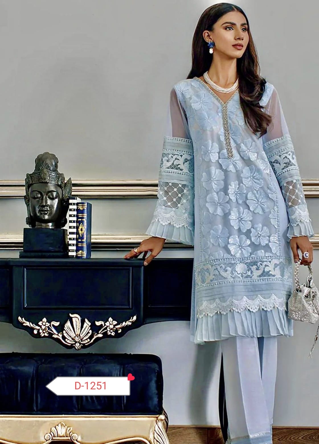 Pakistani Party Wear – Hand-Worked Organza 3PC Suit with Silk Trouser & Dupatta