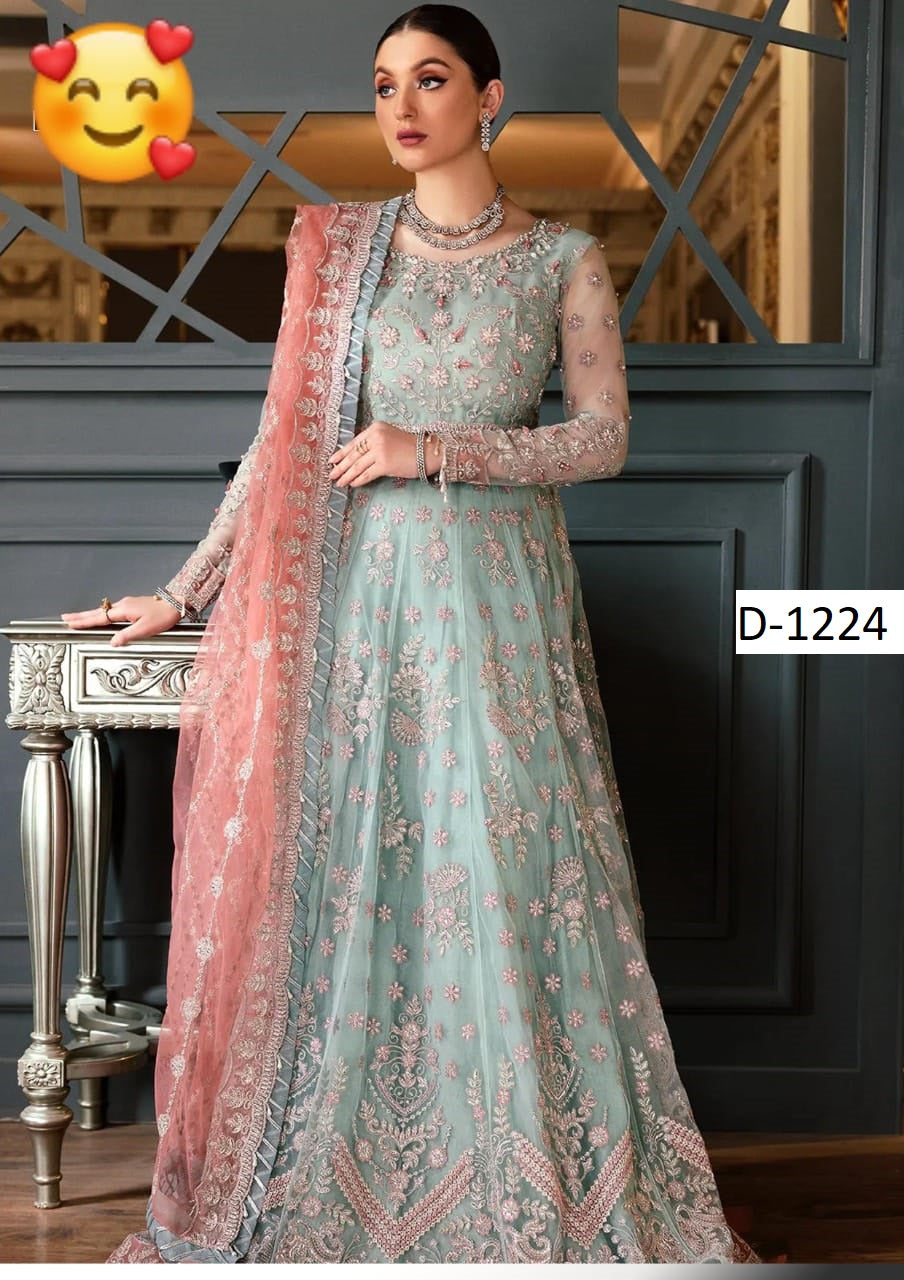 ✨ Luxury Pakistani Net Frock 3PC – Heavy Embroidery, Hand Work & Silk Trouser