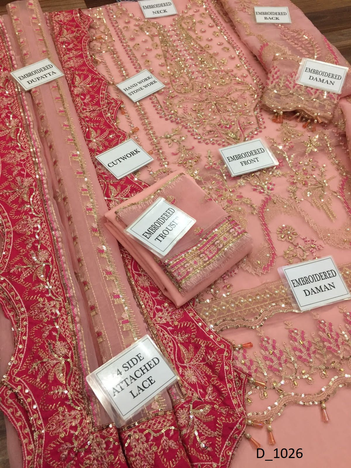 Luxury Organza Embroidered Dress with Stone Work, Tussels & Satin Lace Detailing