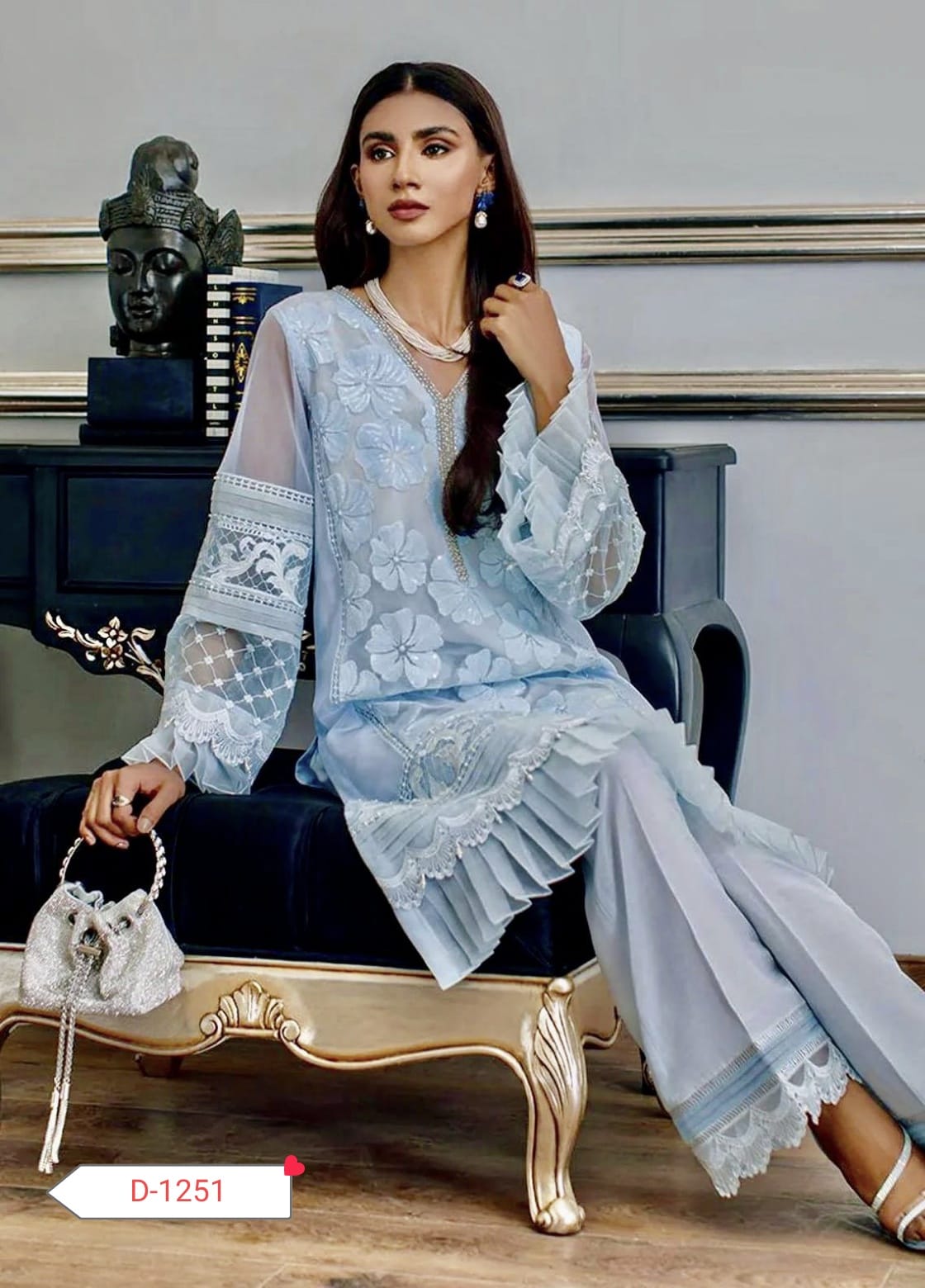 Pakistani Party Wear – Hand-Worked Organza 3PC Suit with Silk Trouser & Dupatta