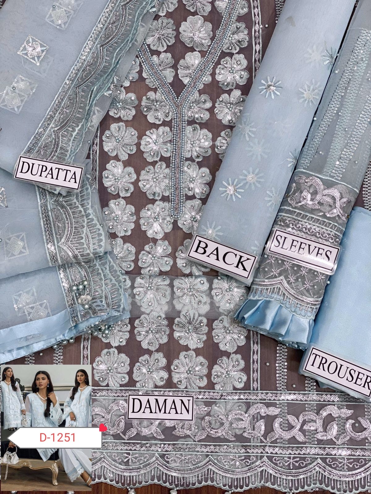 Pakistani Party Wear – Hand-Worked Organza 3PC Suit with Silk Trouser & Dupatta