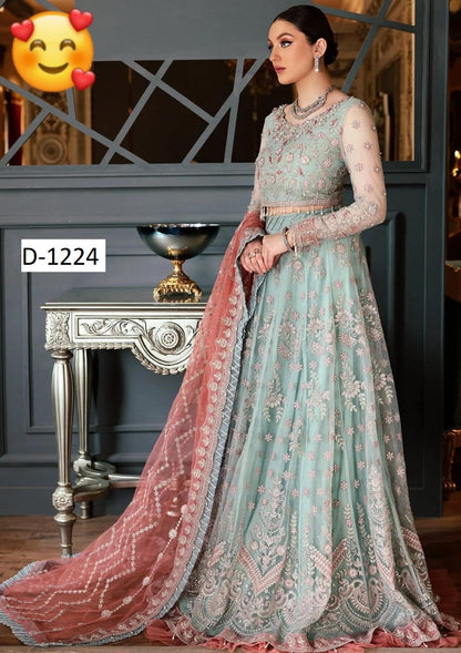 ✨ Luxury Pakistani Net Frock 3PC – Heavy Embroidery, Hand Work & Silk Trouser