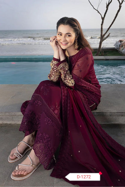 Pakistani Wedding Suit – Chiffon 3PC Unstitched Embroidered Dress